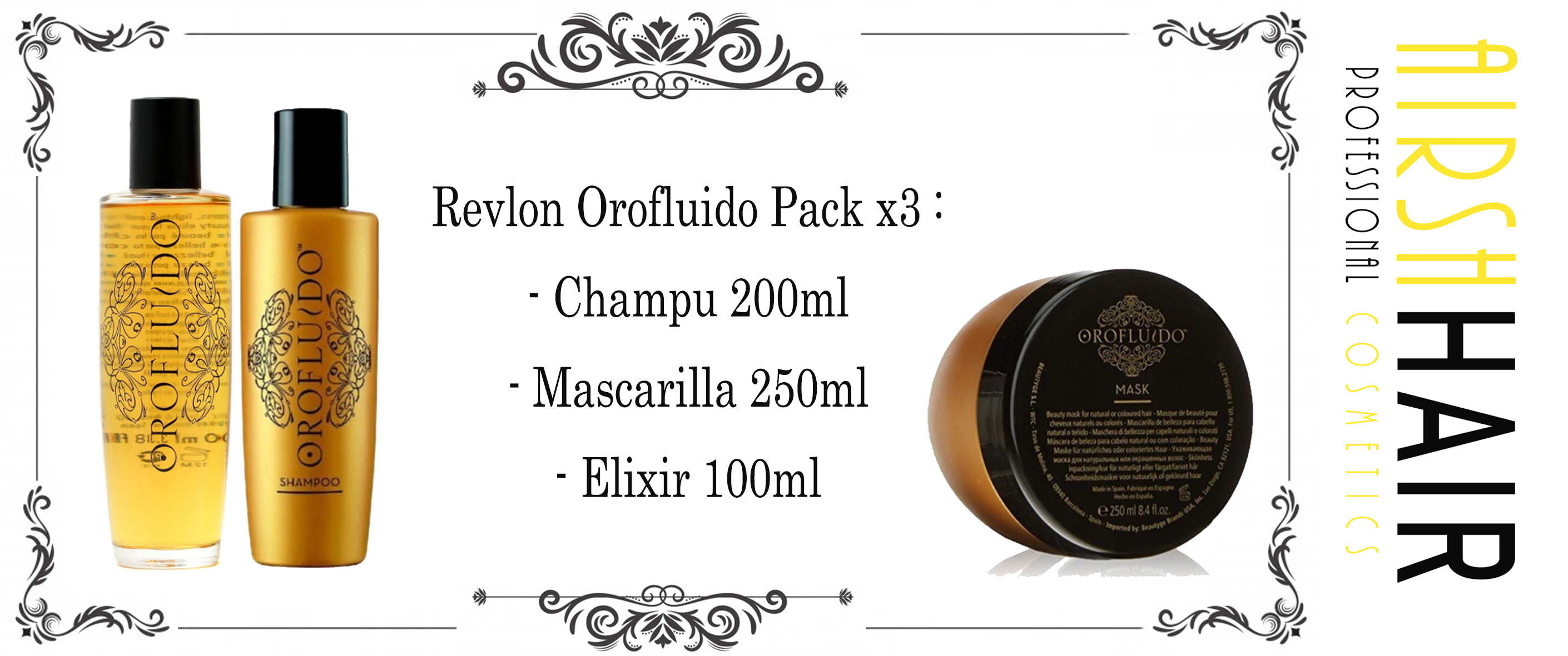 Revlon Orofluido Pack x3 Champu 200ml + Mascarilla 250ml + Elixir 100ml